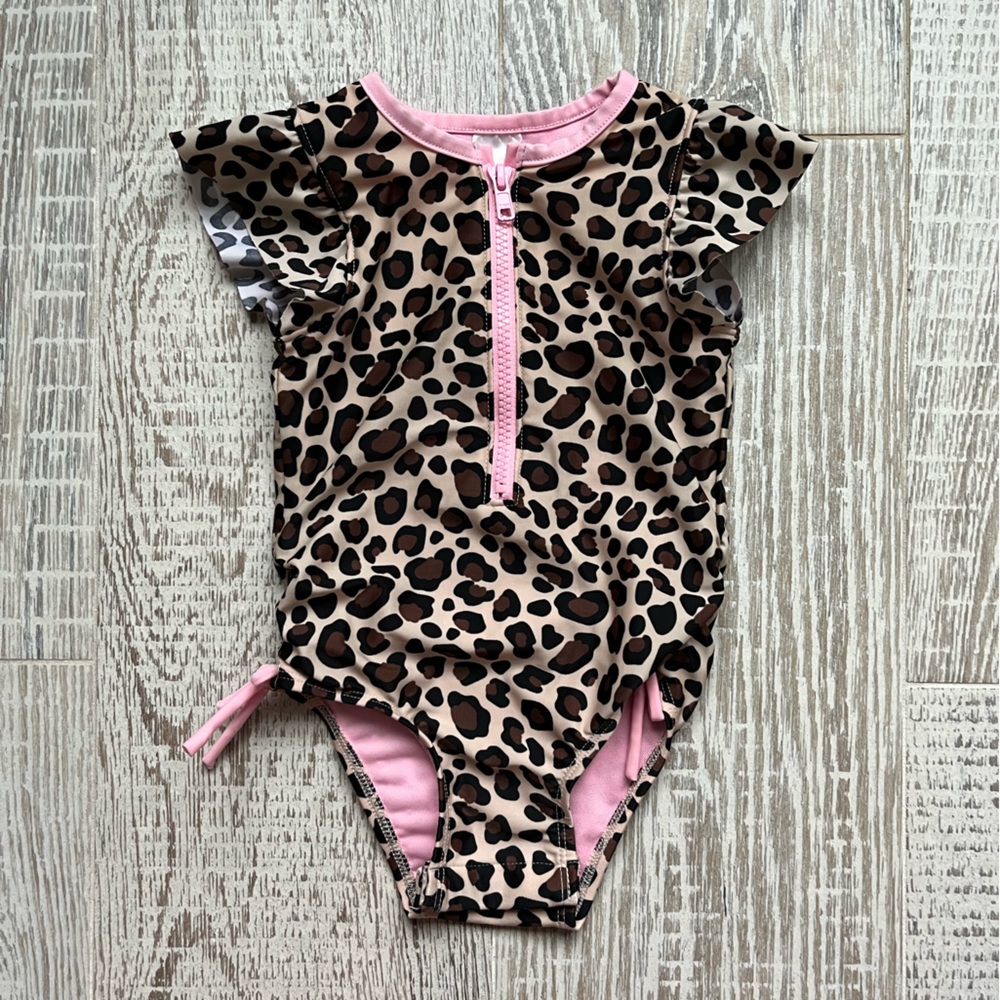 Cat & Jack swimsuit cheetah print pink zipper and snaps side bows one piece 2T
